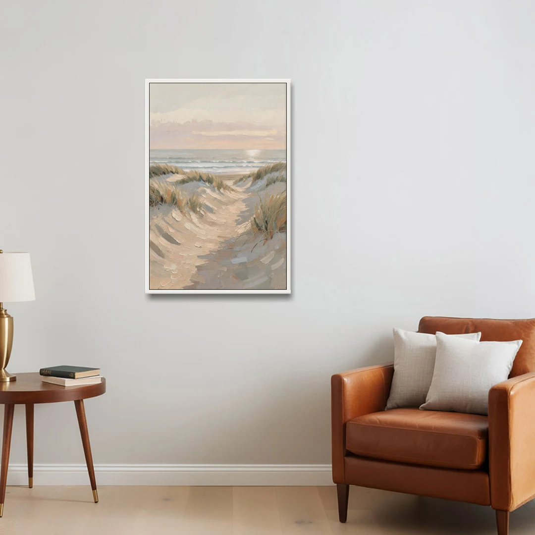 Muted Landscape Painting of a Dune Path - White Framed Canvas Wall Art - Sofa - 24x36