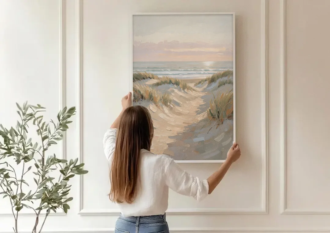 Muted Landscape Painting of a Dune Path canvas wall art being hung on a paneled wall
