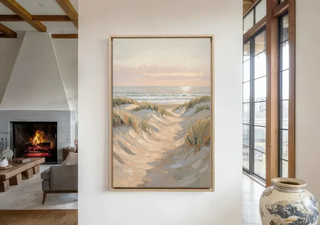 Muted Landscape Painting of a Dune Path canvas wall art in a living room with a fireplace