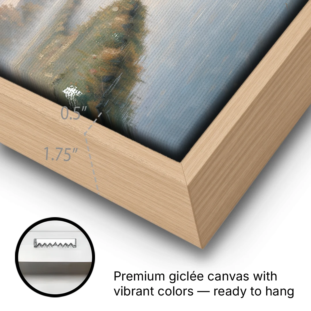 Muted Landscape Paintings of Willows at Dawn - Oak Framed Canvas Wall Art - Gallery Wrap Corner