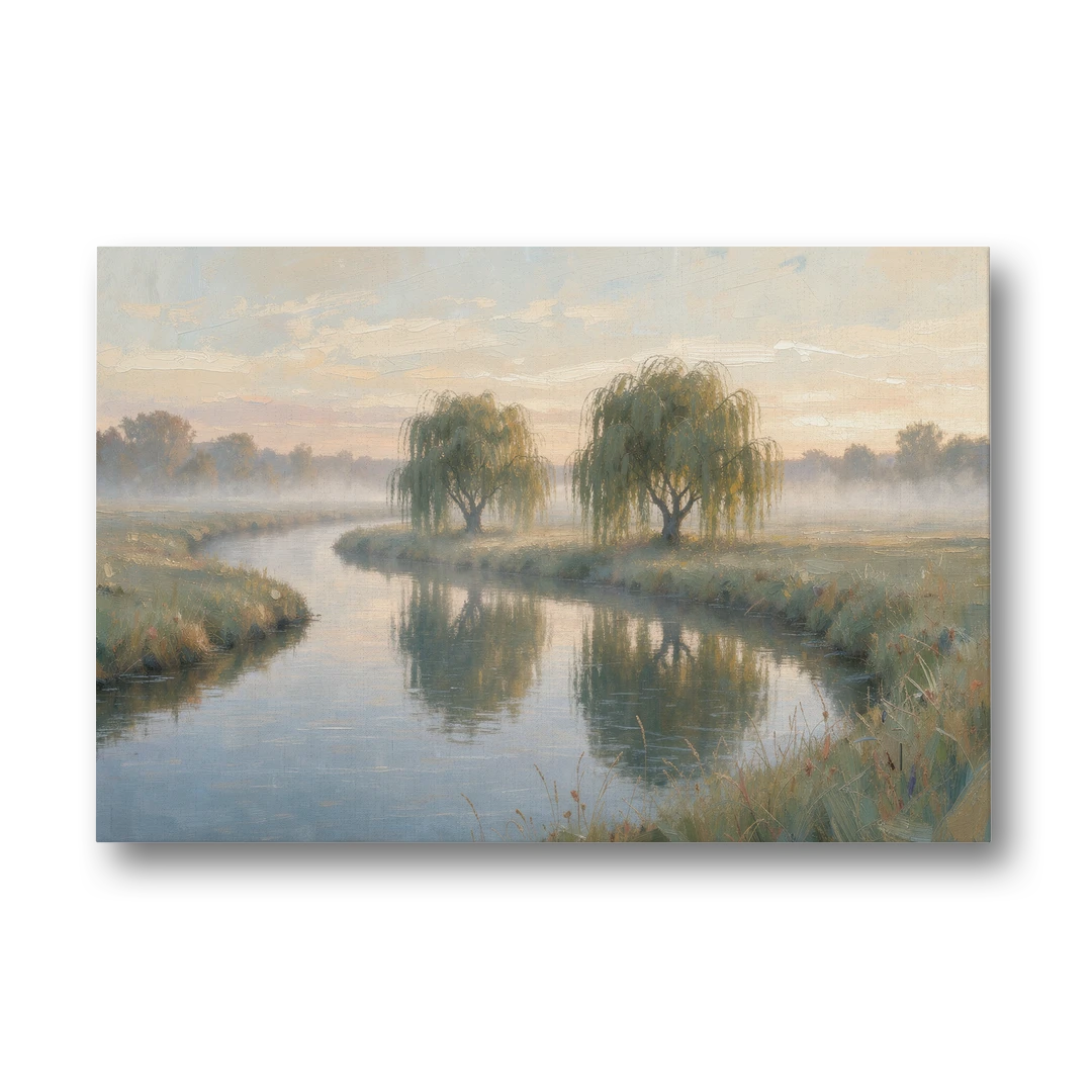 Muted Landscape Paintings of Willows at Dawn - Canvas Wall Art - Front