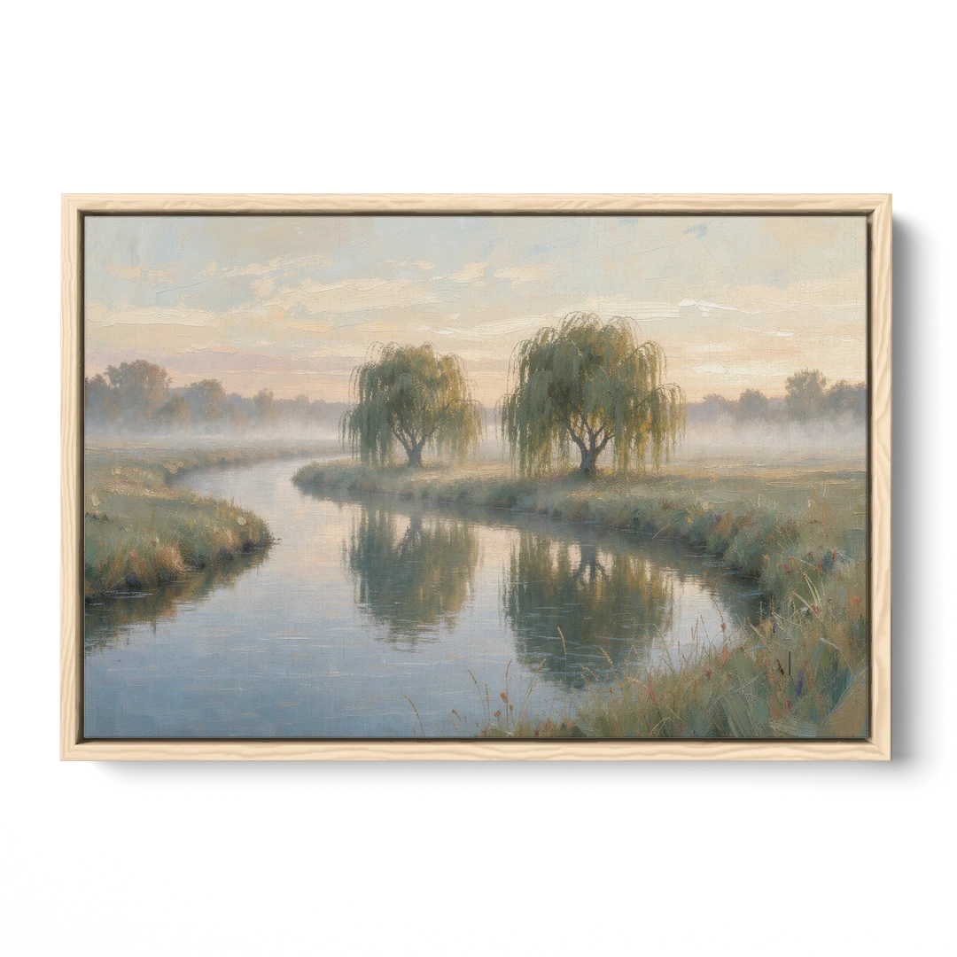 Muted Landscape Paintings of Willows at Dawn - Oak Framed Canvas Wall Art - Front
