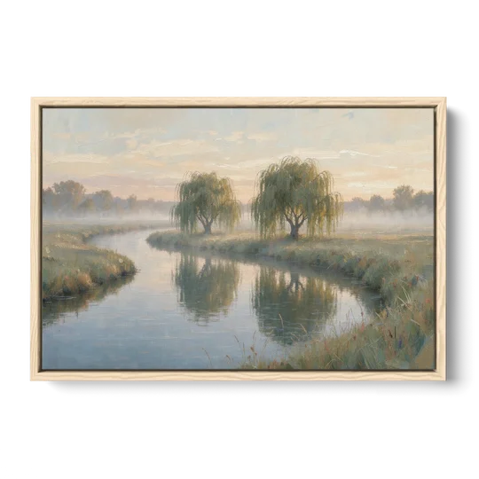 Muted Landscape Paintings of Willows at Dawn - Oak Framed Canvas Wall Art - Front