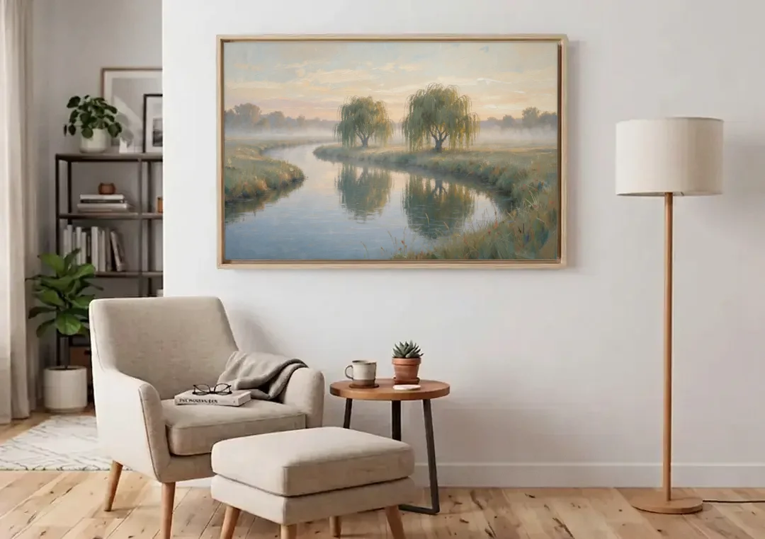 Muted Landscape Paintings of Willows at Dawn canvas wall art above an armchair in a bright living room