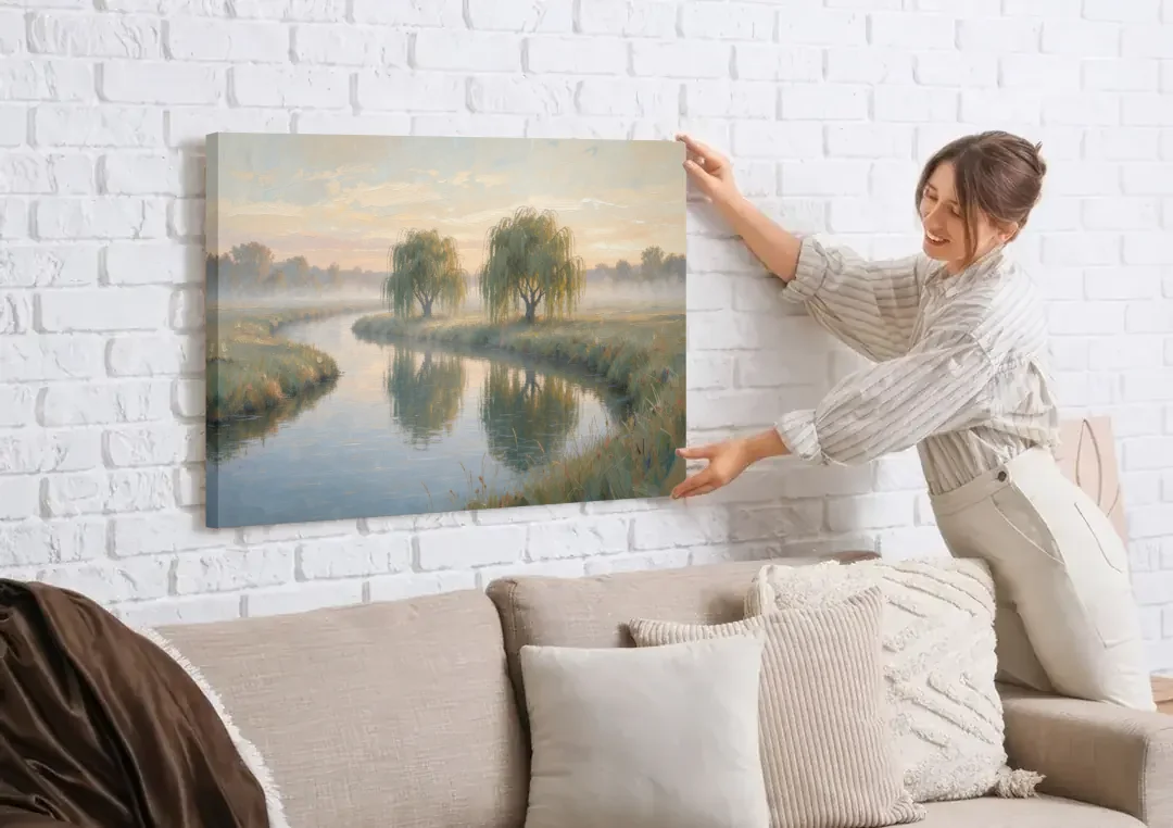 Muted Landscape Paintings of Willows at Dawn canvas wall art being hung on a white brick wall above a sofa