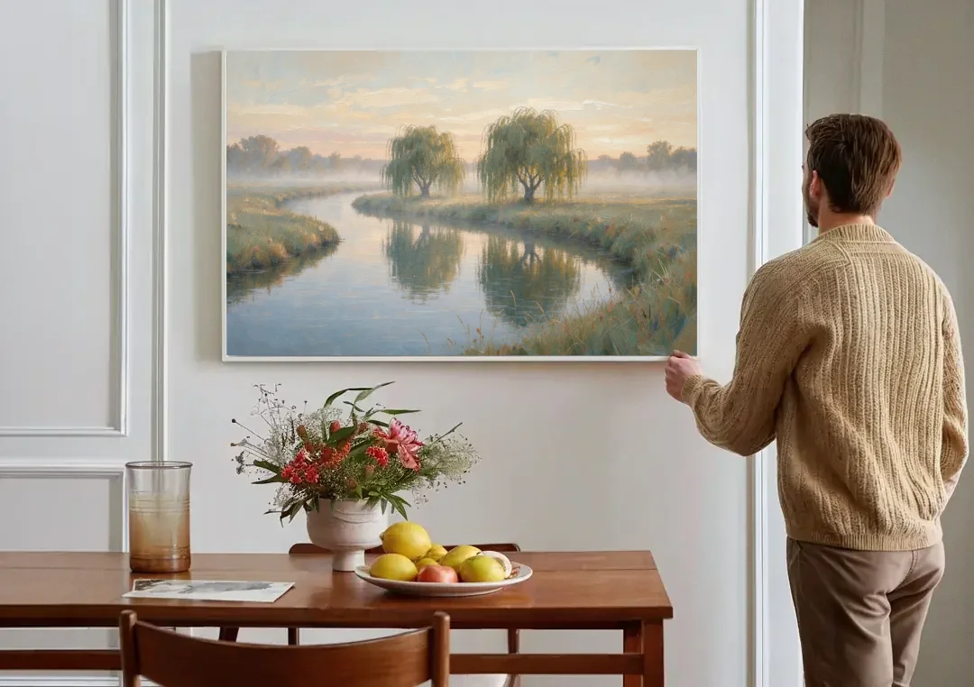 Muted Landscape Paintings of Willows at Dawn canvas wall art above a dining table