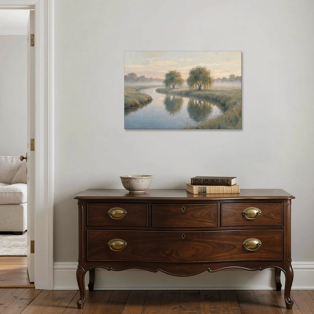 Muted Landscape Paintings of Willows at Dawn - Canvas Wall Art - Coffee Table - 36x24