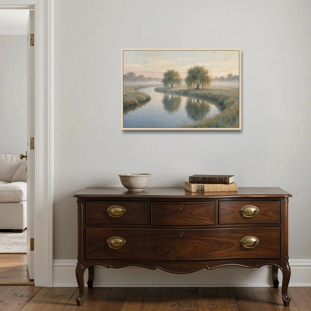 Muted Landscape Paintings of Willows at Dawn - Oak Framed Canvas Wall Art - Coffee Table - 36x24
