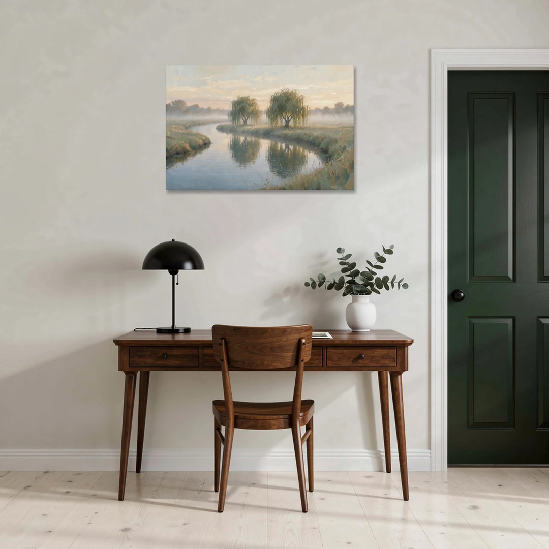 Muted Landscape Paintings of Willows at Dawn - Canvas Wall Art - Office - 36x24