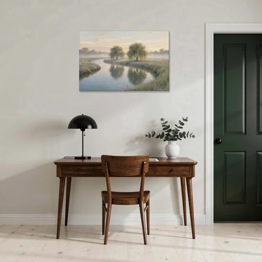 Muted Landscape Paintings of Willows at Dawn - Canvas Wall Art - Office - 36x24