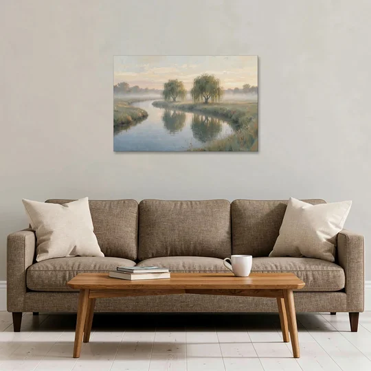 Muted Landscape Paintings of Willows at Dawn - Canvas Wall Art - Sofa - 36x24