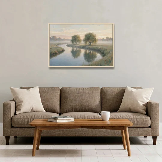 Muted Landscape Paintings of Willows at Dawn - Oak Framed Canvas Wall Art - Sofa - 36x24