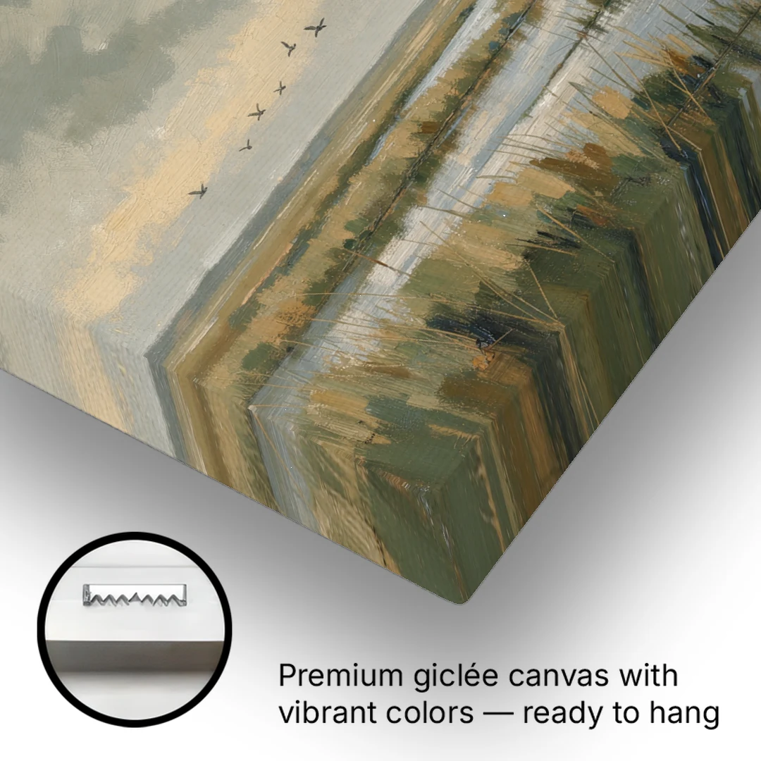 Muted Landscape with Birds Over the Reed Marsh - Canvas Wall Art - Gallery Wrap Corner