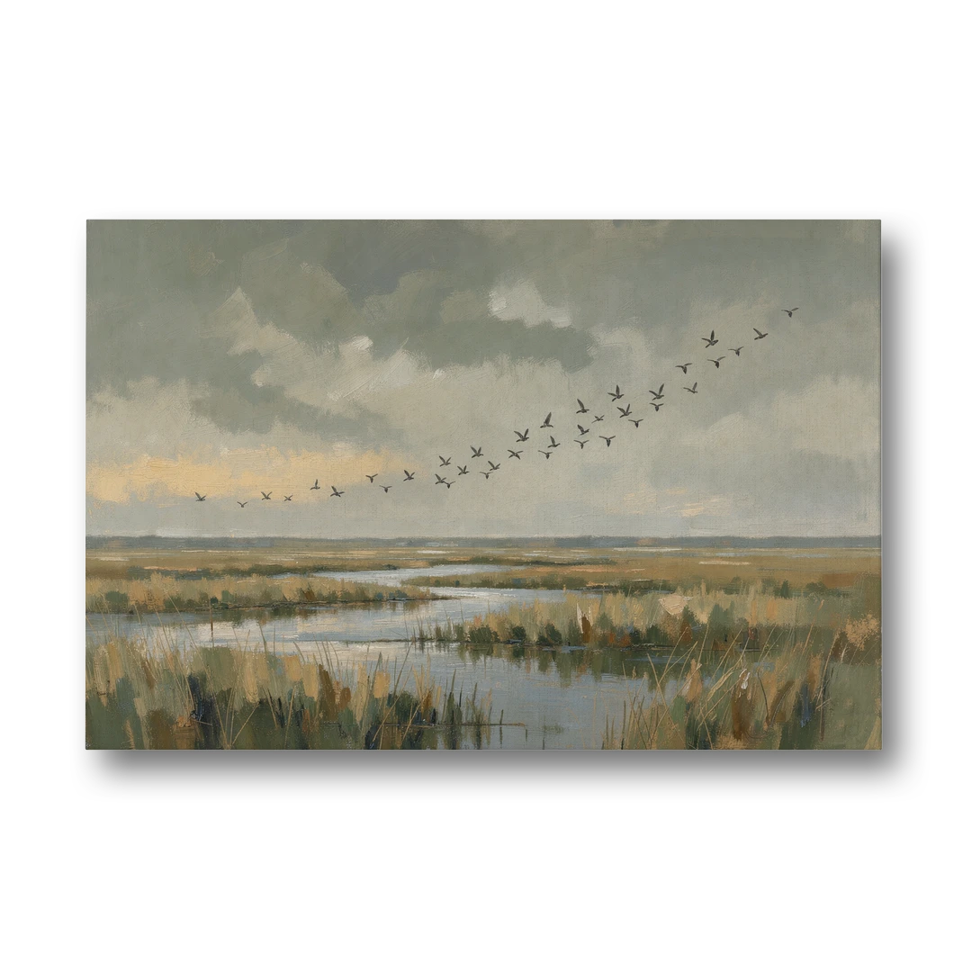 Muted Landscape with Birds Over the Reed Marsh - Canvas Wall Art - Front