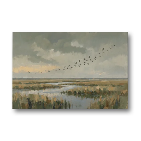 Muted Landscape with Birds Over the Reed Marsh - Canvas Wall Art - Front