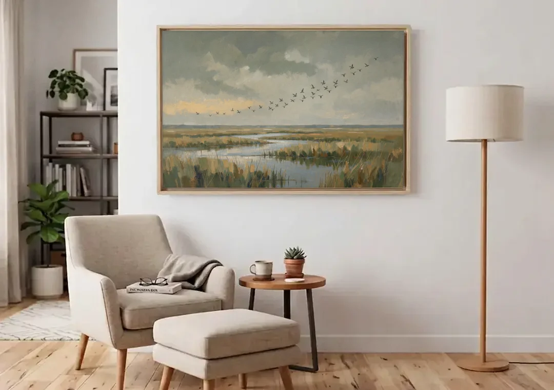 Muted Landscape with Birds Over the Reed Marsh canvas wall art above an armchair in a bright living room
