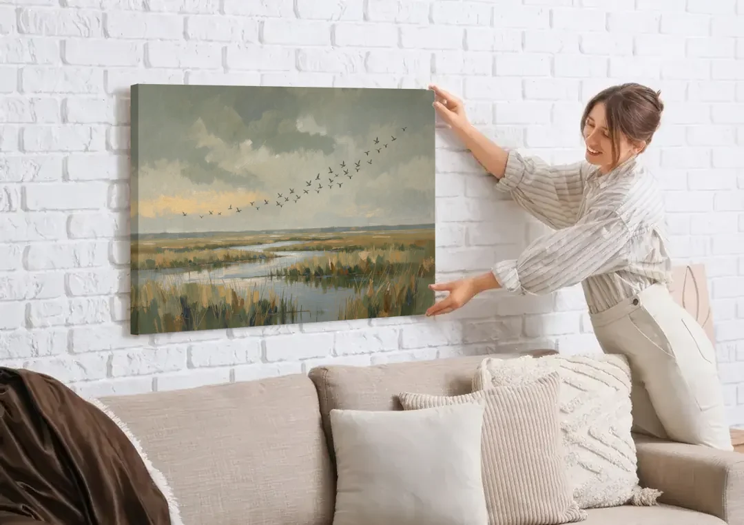 Muted Landscape with Birds Over the Reed Marsh canvas wall art being hung on a white brick wall above a sofa