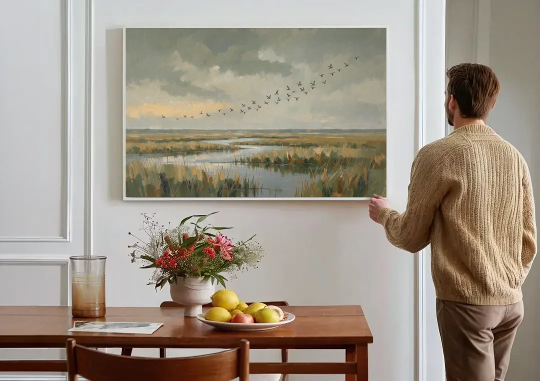 Muted Landscape with Birds Over the Reed Marsh canvas wall art above a dining table