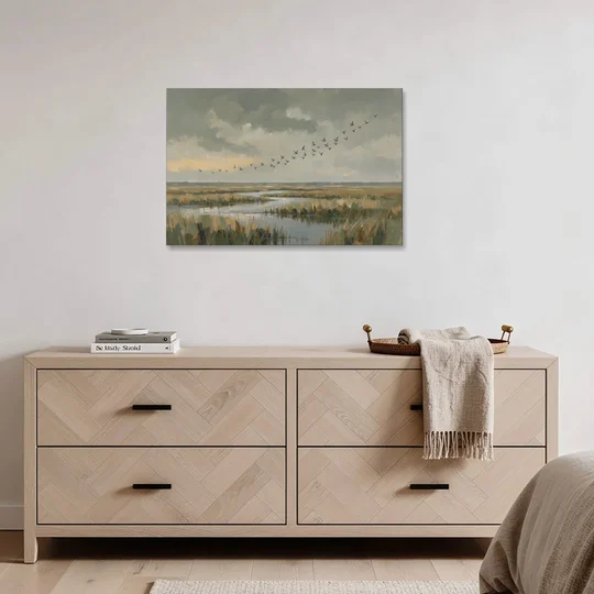 Muted Landscape with Birds Over the Reed Marsh - Canvas Wall Art - Coffee Table - 36x24