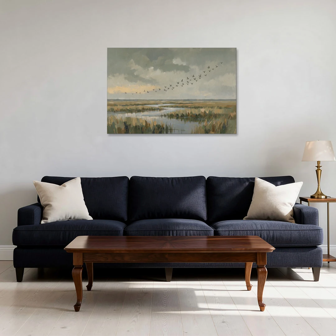 Muted Landscape with Birds Over the Reed Marsh - Canvas Wall Art - Sofa - 36x24