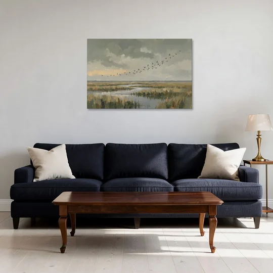 Muted Landscape with Birds Over the Reed Marsh - Canvas Wall Art - Sofa - 36x24