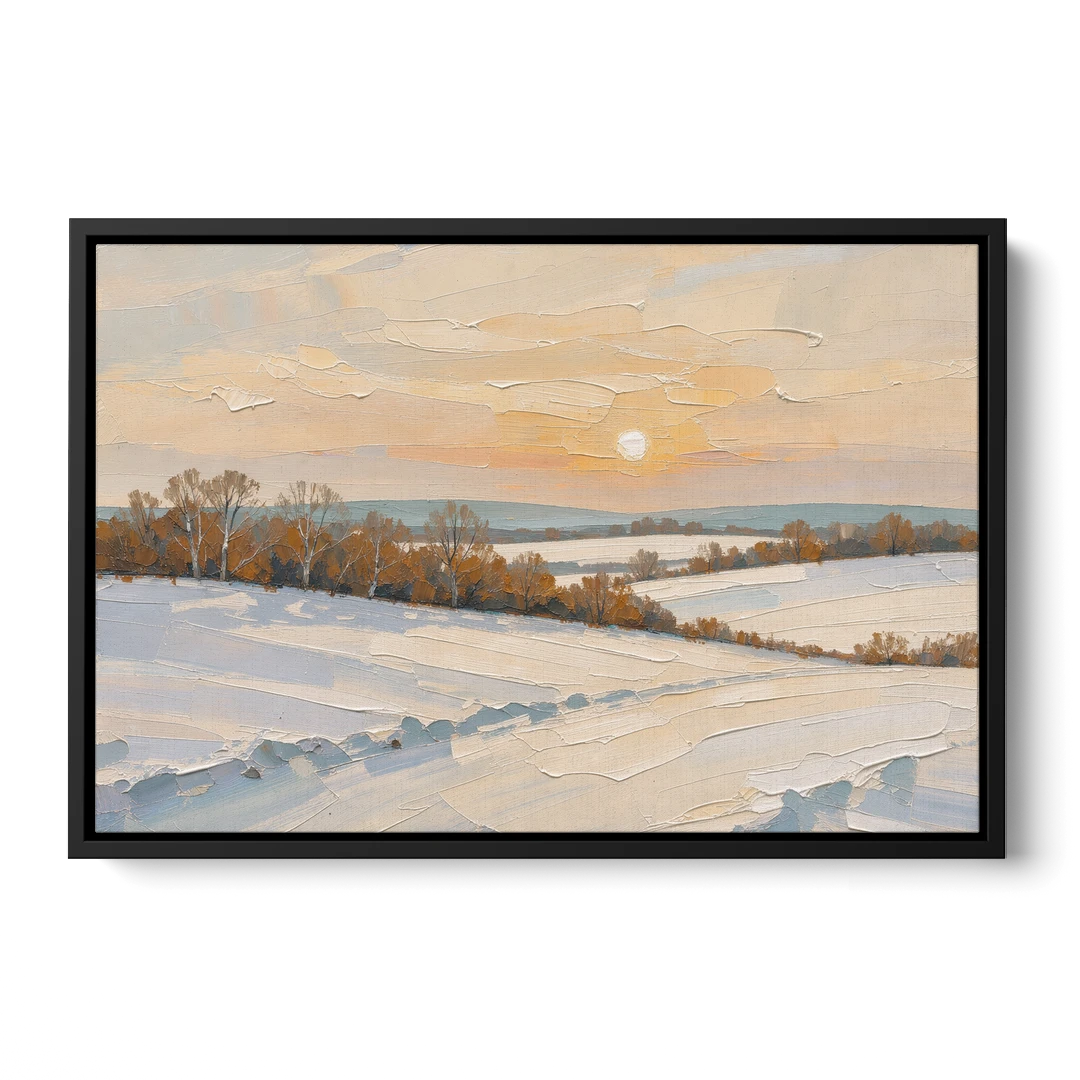 Muted Pale Sun Over Snowy Fields - Black Framed Canvas Wall Art - Front