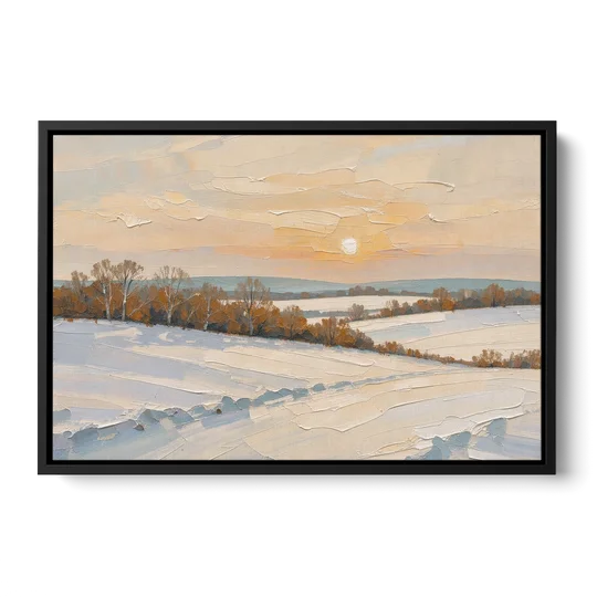 Muted Pale Sun Over Snowy Fields - Black Framed Canvas Wall Art - Front