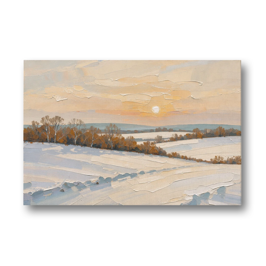 Muted Pale Sun Over Snowy Fields - Canvas Wall Art - Front