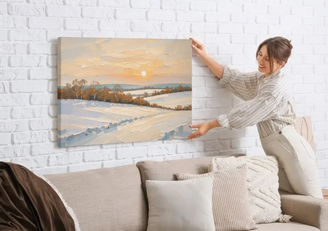 Muted Pale Sun Over Snowy Fields canvas wall art being hung on a white brick wall above a sofa