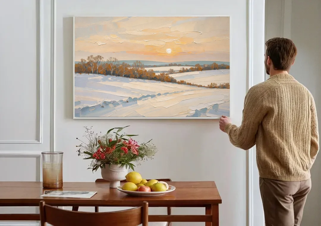 Muted Pale Sun Over Snowy Fields canvas wall art above a dining table