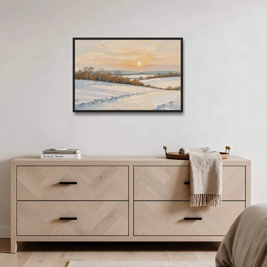 Muted Pale Sun Over Snowy Fields - Black Framed Canvas Wall Art - Coffee Table - 36x24