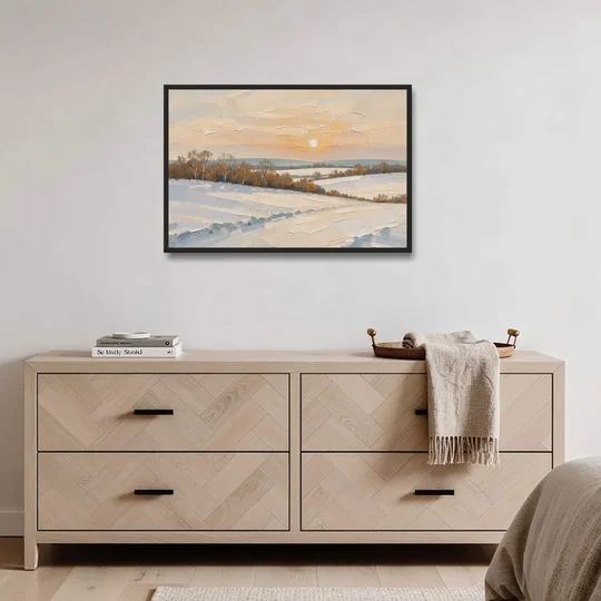 Muted Pale Sun Over Snowy Fields - Black Framed Canvas Wall Art - Coffee Table - 36x24