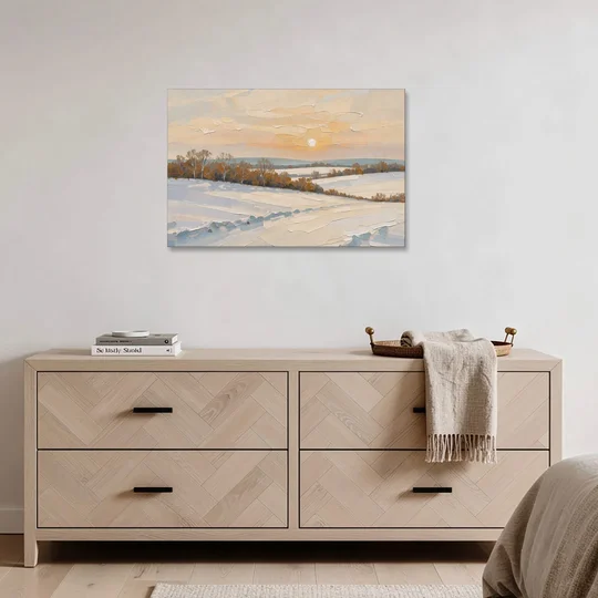 Muted Pale Sun Over Snowy Fields - Canvas Wall Art - Coffee Table - 36x24