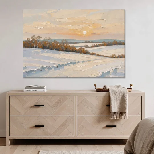 Muted Pale Sun Over Snowy Fields - Canvas Wall Art - Coffee Table - 60x40