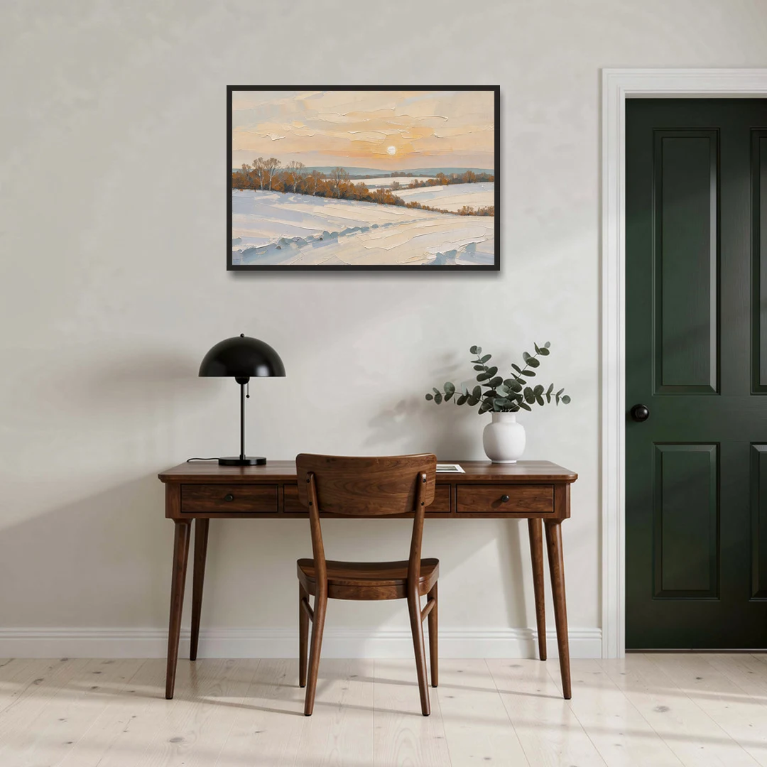 Muted Pale Sun Over Snowy Fields - Black Framed Canvas Wall Art - Office - 36x24