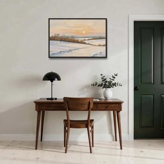 Muted Pale Sun Over Snowy Fields - Black Framed Canvas Wall Art - Office - 36x24