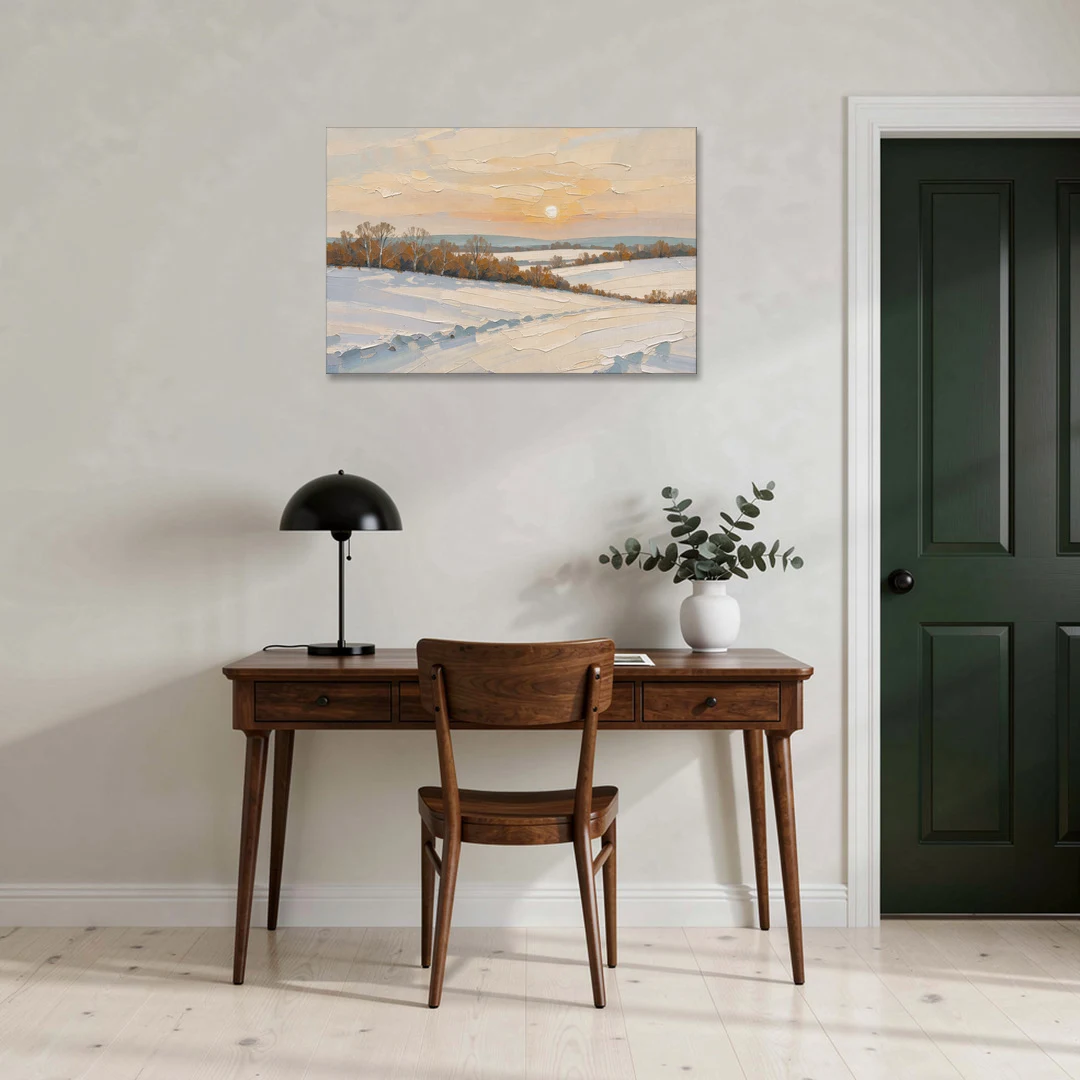 Muted Pale Sun Over Snowy Fields - Canvas Wall Art - Office - 36x24