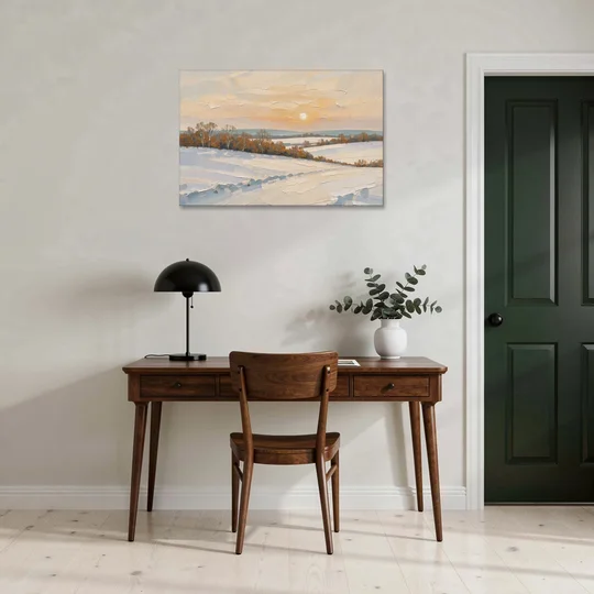 Muted Pale Sun Over Snowy Fields - Canvas Wall Art - Office - 36x24