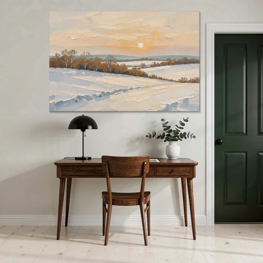 Muted Pale Sun Over Snowy Fields - Canvas Wall Art - Office - 60x40