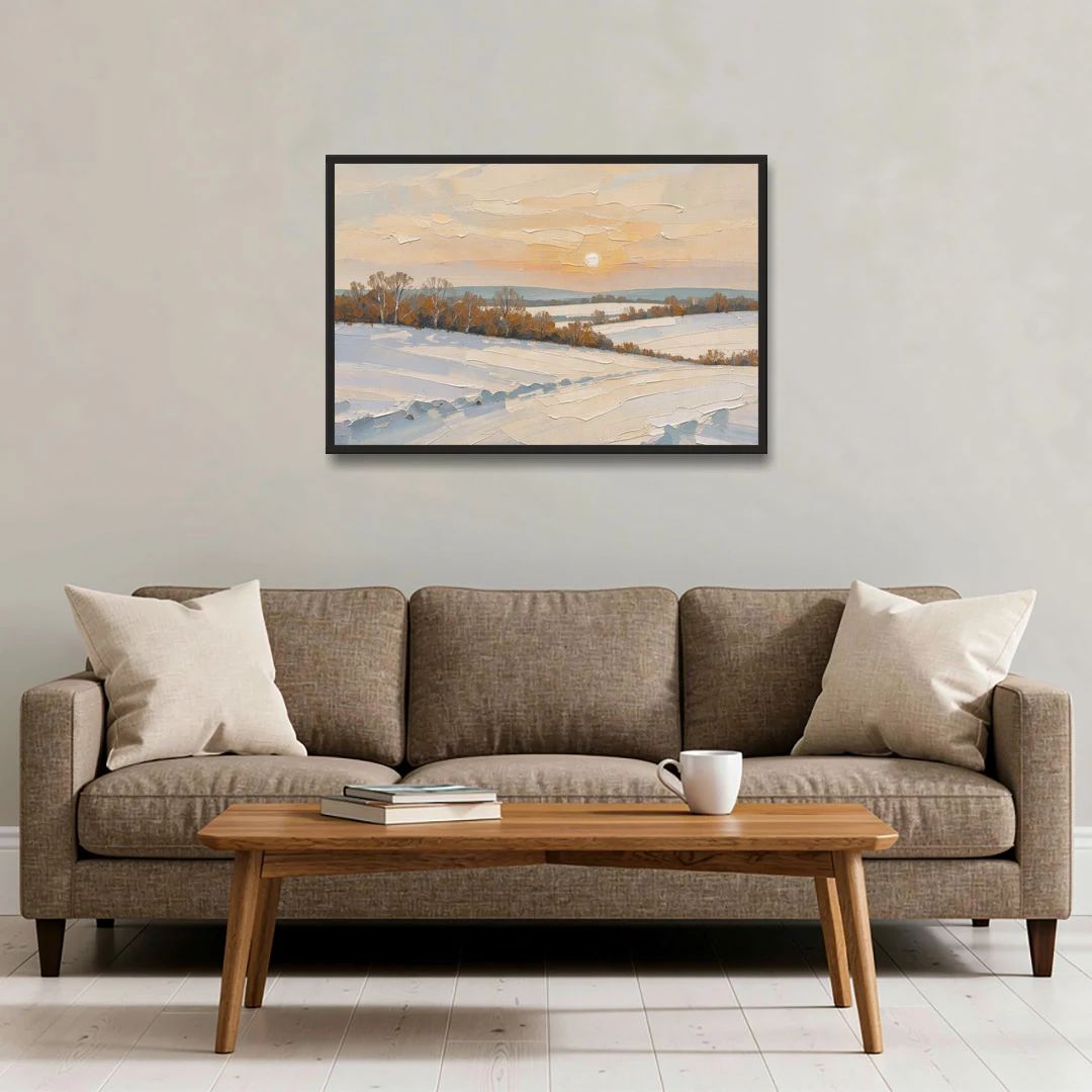 Muted Pale Sun Over Snowy Fields - Black Framed Canvas Wall Art - Sofa - 36x24
