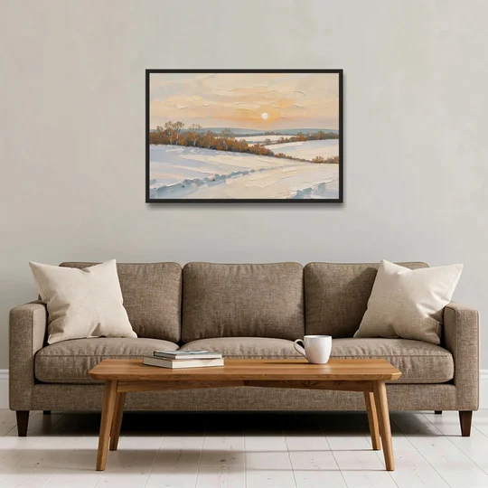 Muted Pale Sun Over Snowy Fields - Black Framed Canvas Wall Art - Sofa - 36x24