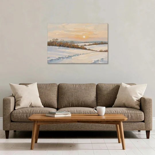 Muted Pale Sun Over Snowy Fields - Canvas Wall Art - Sofa - 36x24