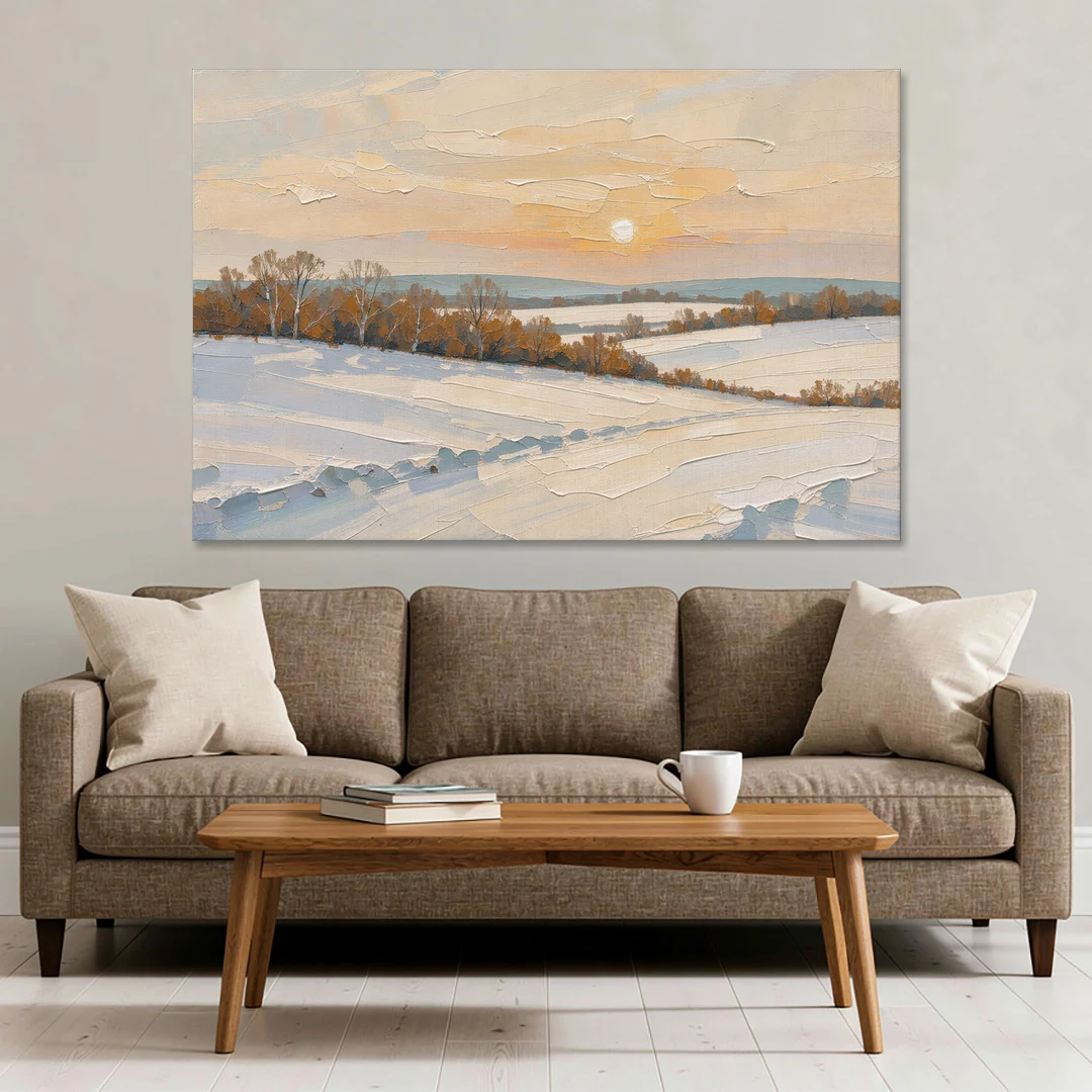 Muted Pale Sun Over Snowy Fields - Canvas Wall Art - Sofa - 60x40