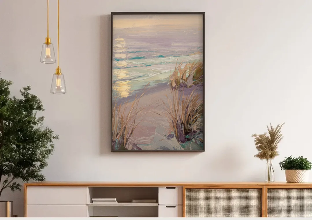 Myrtle Beach Atlantic Breeze canvas wall art above a wooden sideboard under pendant lights