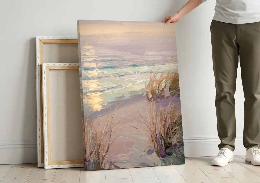 Myrtle Beach Atlantic Breeze canvas wall art leaning against a wall next to blank canvases