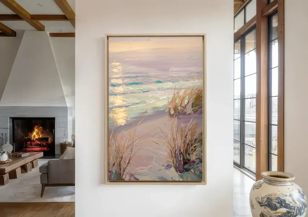 Myrtle Beach Atlantic Breeze canvas wall art in a living room with a fireplace