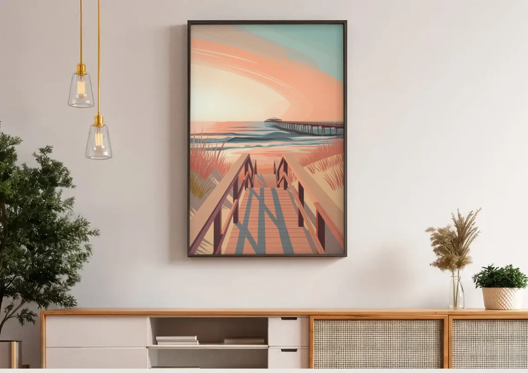Myrtle Beach Boardwalk Views canvas wall art above a wooden sideboard under pendant lights