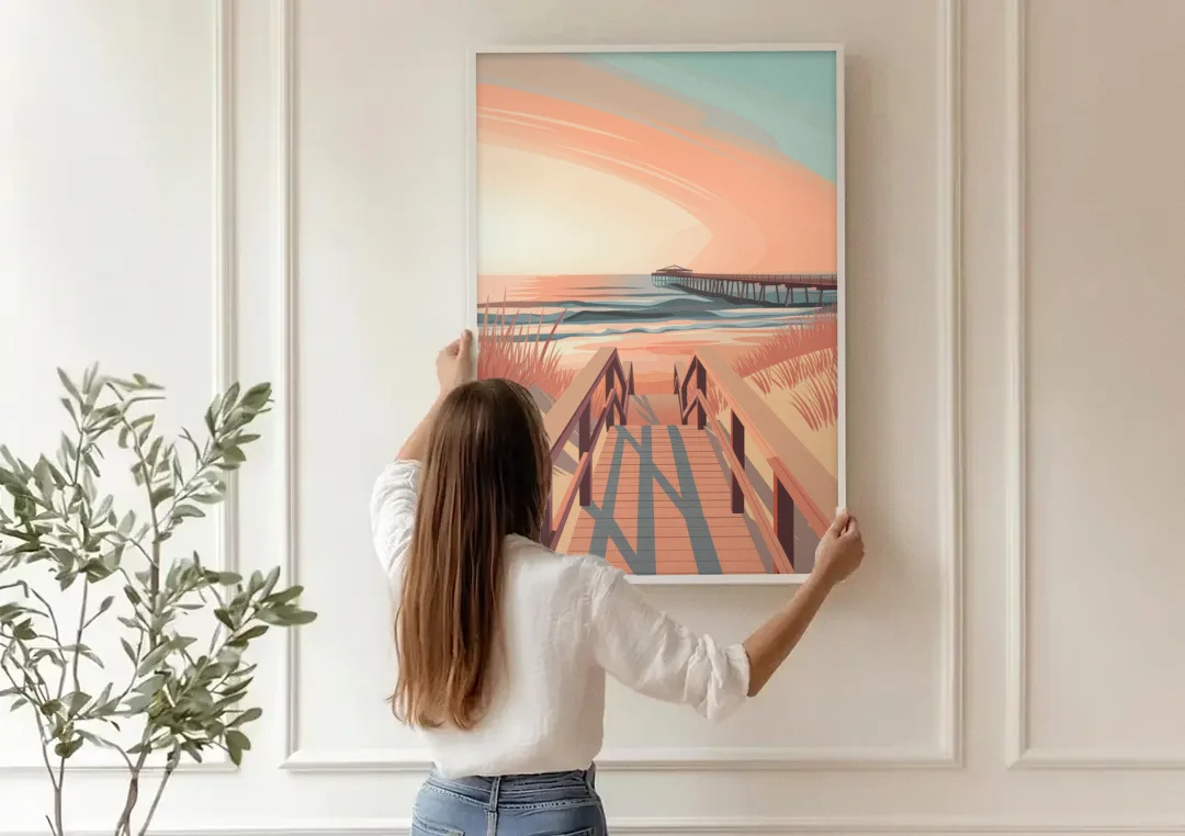 Myrtle Beach Boardwalk Views canvas wall art being hung on a paneled wall