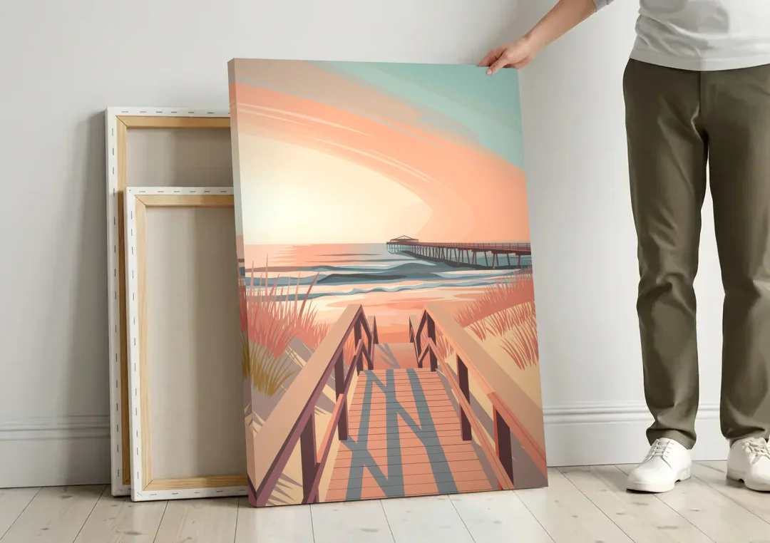 Myrtle Beach Boardwalk Views canvas wall art leaning against a wall next to blank canvases
