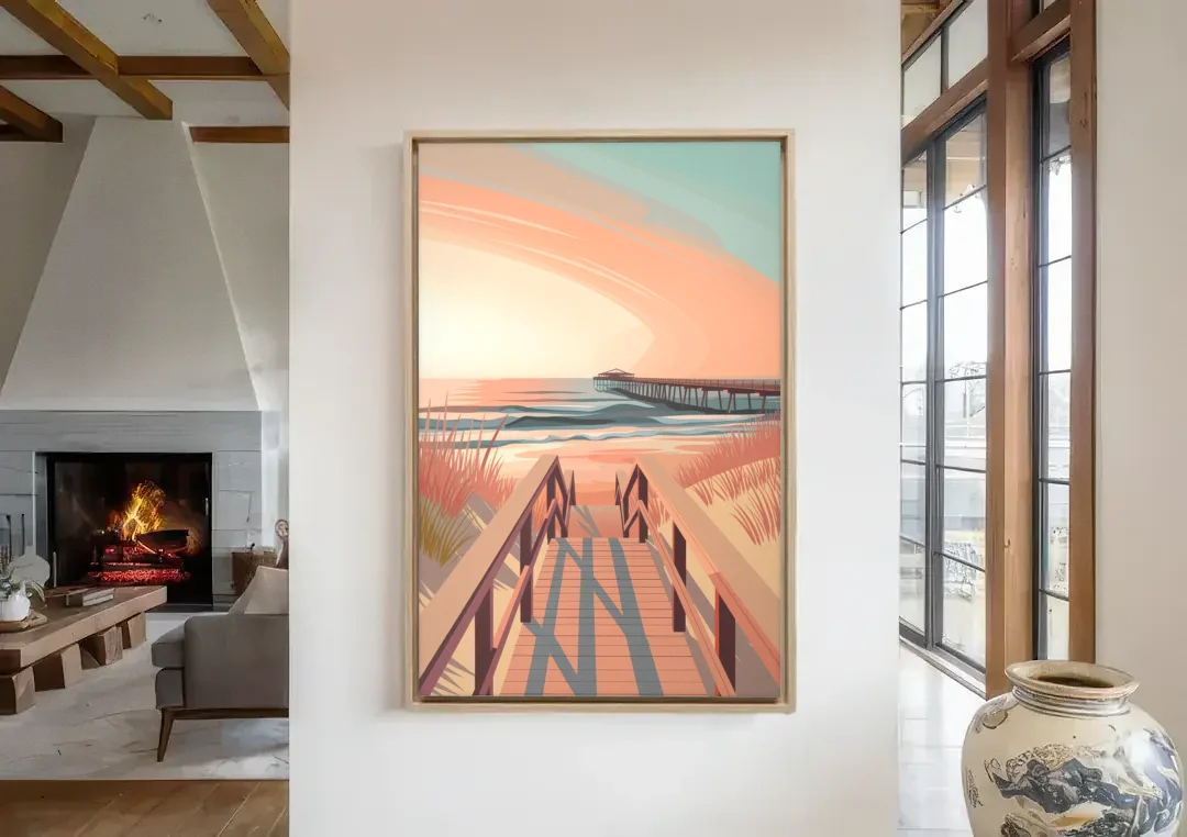 Myrtle Beach Boardwalk Views canvas wall art in a living room with a fireplace